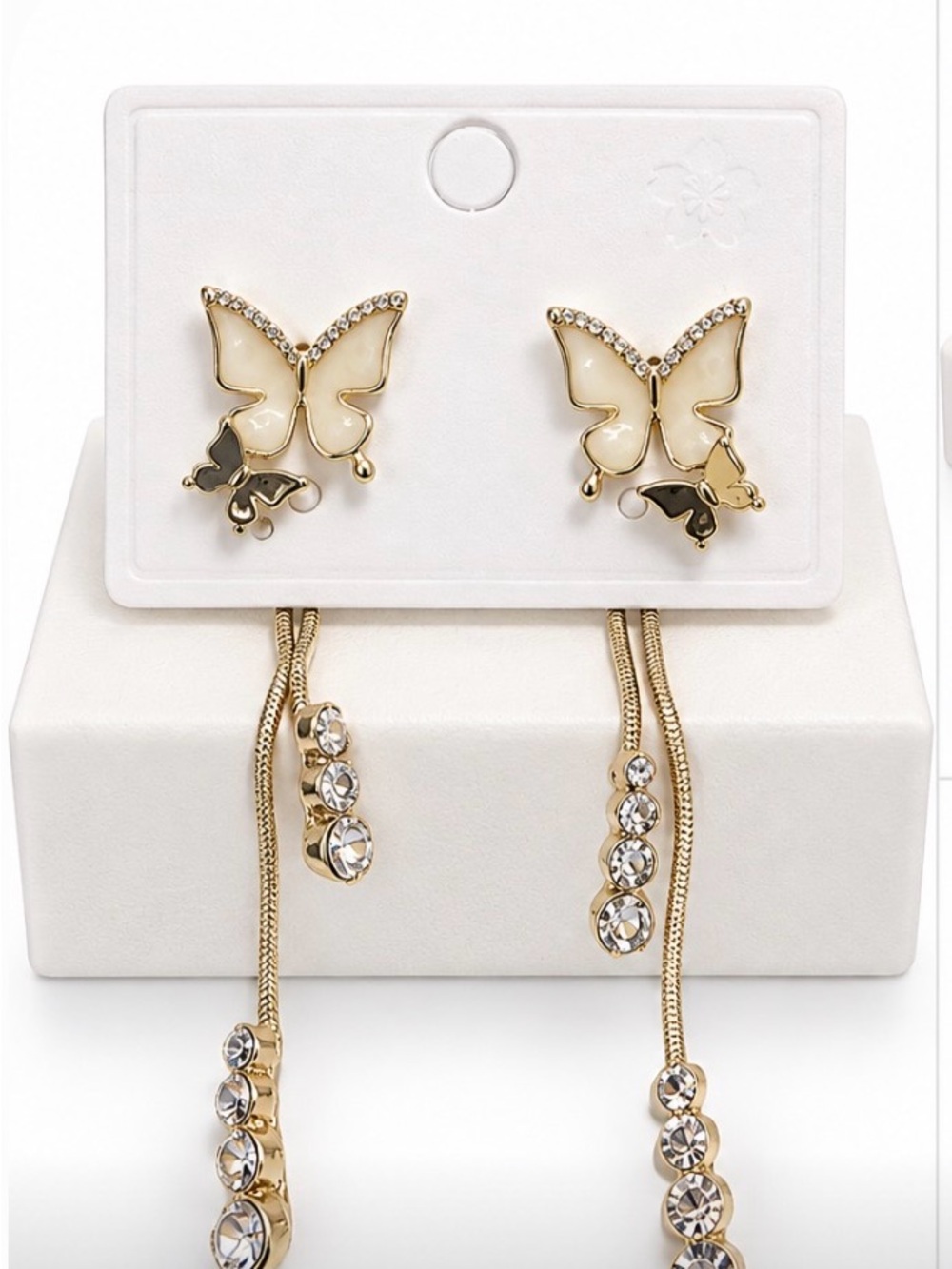 Gold Butterfly Drop Earrings with Ivory Enamel and Crystal Dangles